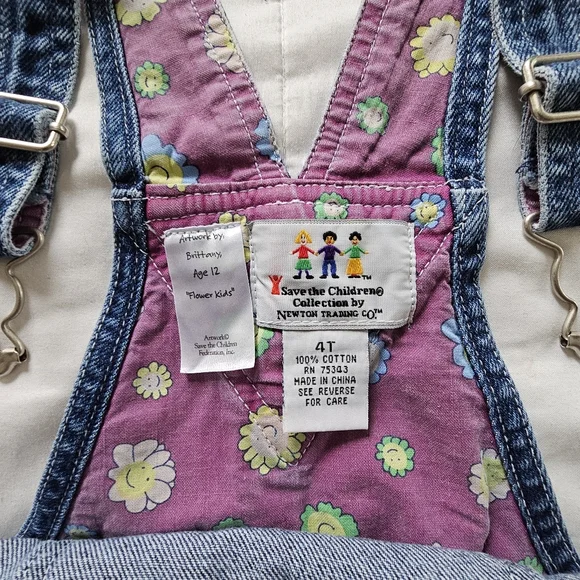 Newton Trading Co. 90s Boho Floral Smiley Face Embroidered Denim Overalls, 4T - Picture 9 of 10